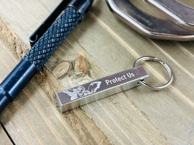 Personalized Police Badge Number Keychain With St. Michael Engraving