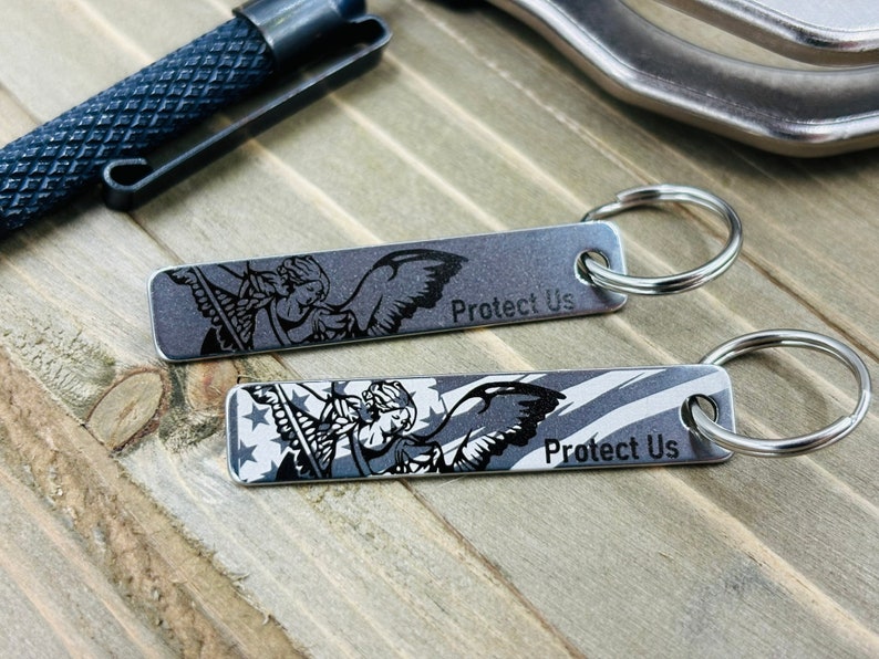 Personalized Police Badge Number Keychain With St. Michael Engraving