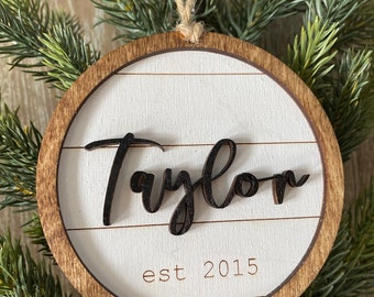 Personalized Farmhouse Christmas Ornament: Hand Painted Engraved Wood, Custom Family Name