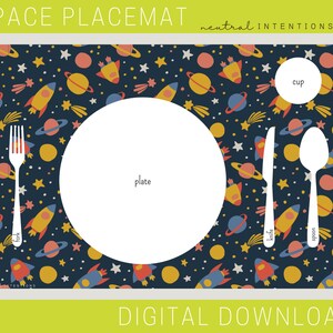 May include: A printable space-themed placemat with a blue background and a pattern of rockets, planets, and stars. The placemat includes a space for a plate, cup, fork, knife, and spoon.