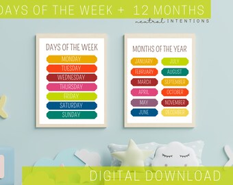dias da semana/meses do ano pôster | Aprendizagem escolar em casa | Montessoriano | Imprimível | Colorida