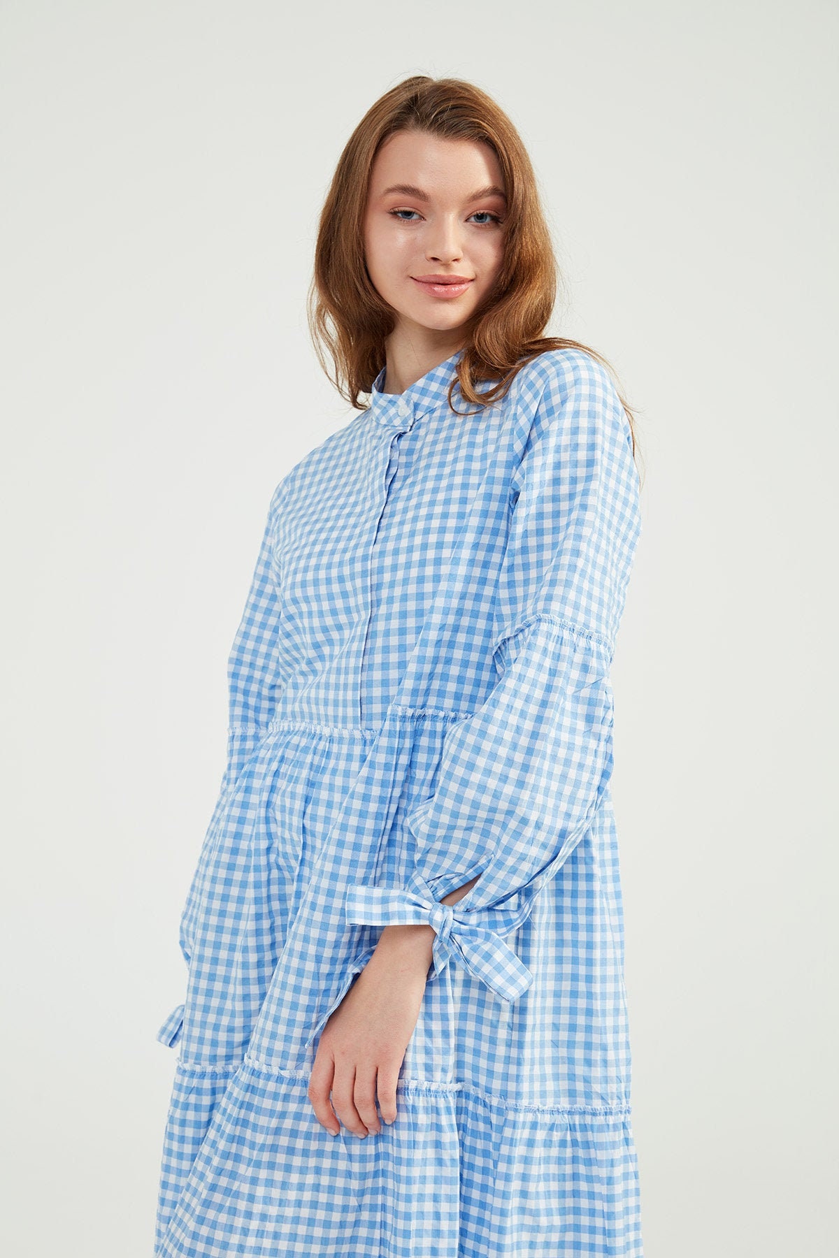 BLUE PLAID DRESS Long Sleeve Maxi Dress Baby Blue and White Etsy