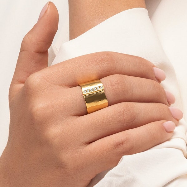 Wide Hammered Ring, CZ Bar Ring, 14K Gold Over Sterling Silver Ring, Hammered Golden Ring, Cigar Band, Statement Ring, Modern Ring
