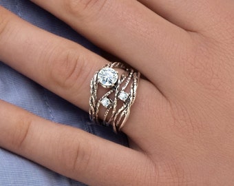 Silver Wire Wrap Ring, Wide Silver Ring, Cubic Zirconia Ring, Unique Ring, Intricate Design Ring, Multi Strand Ring, Large Silver Rings