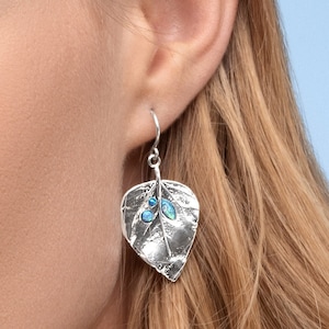 Silver Leaf Earrings, Opal Dangle Earrings, Sterling Silver Earrings, Nature Inspired Jewelry, Boho Jewelry, Woodland Wedding Earrings