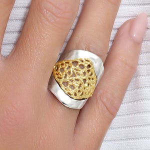 Mixed Metal Filigree Ring, Two Tone Lace Ring, Vintage Style Rings, Unique Silver Rings, Statement Ring, Open Work Ring, Gift for Her