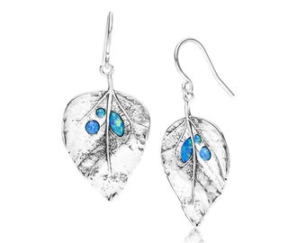 Boucles d'oreilles pendantes feuille d'argent sterling opale