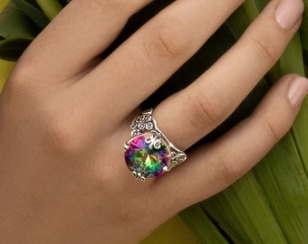 Statement Mystic Crystal Ring, Unique Floral Band Ring, Wide Sterling Silver Ring, Butterfly Ring, Boho Ring, Nature Inspired Jewelry