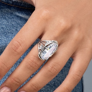Large Silver Ring, Oval CZ Ring, Floral Ring, Cocktail Ring, Elegant Statement Ring, Day to Night Ring, Sterling Silver Ring for Women