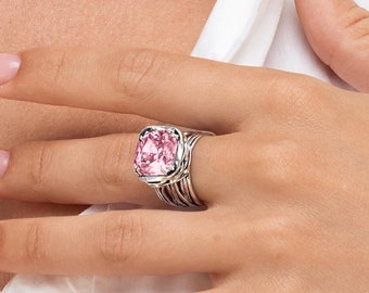 Silver Multi Strand Ring, Pink CZ Ring, Statement Wire Wrap Ring, CZ Wrap Ring, Sterling Silver Ring, Pink Cubic Zirconia Ring, Gift for Her