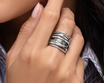 Sterling Silver Wrap Ring, Chunky Sterling Silver Ring, Edgy Silver Ring, Thumb Ring, Multi Strand Ring, Statement Jewelry, Unique Rings