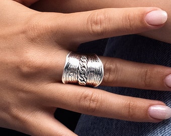 Statement Curb Chain Ring, Wide Chain Ring, Large Silver Rings, Unique Ring, Chunky Silver Rings, Sterling Silver Rings for Women