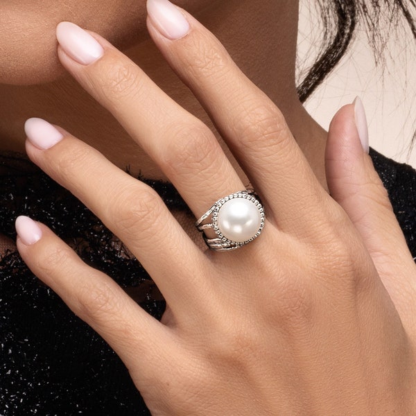 Pearl Statement Ring, Multi Strand Ring, Oxidized Sterling Silver Ring, Granulated Pearl Ring, Sterling Silver Ring, 12mm Pearl Ring