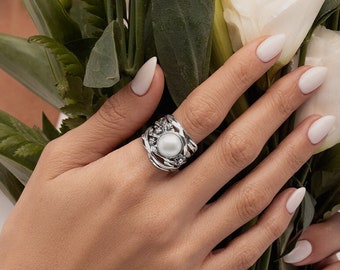 Chunky Pearl CZ Sterling Silver Statement Ring