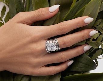 Wide Sterling Silver Multi-Strand Floral Leaf CZ Ring