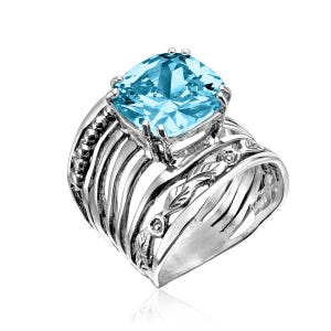 Statement Aquamarine CZ Ring, Large Silver Ring, Bohemian Ring, Leaf Ring, Multi Strand Ring, Wide Sterling Silver Ring, Chunky Ring