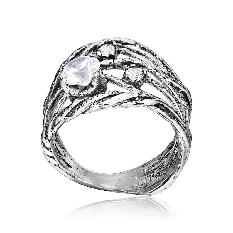 Bague en fil d'argent, large bague en argent, bague zircone cubique, bague unique, bague au design complexe, bague multirangs, grandes bagues en argent image 6