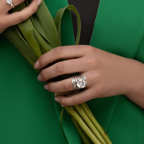 Bague CZ tendance, grande bague en argent, bague bohème, bague feuille, bague multirangs, bague CZ en argent, large bague en argent sterling, grosse bague