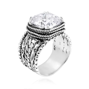 Sterling Silver Bead Ring, Braid Leaf Ring, Statement CZ Ring, Multi Strand Ring, Silver CZ Ring, Wide Sterling Silver Ring, Chunky Ring