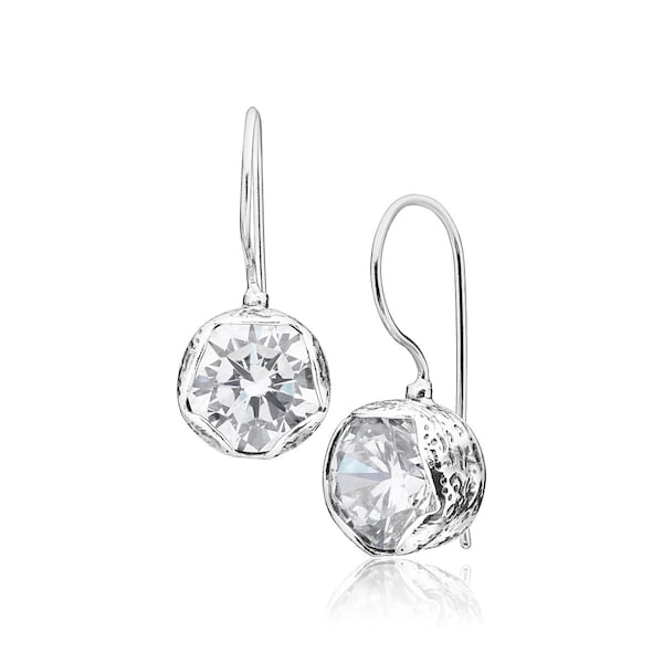 10mm CZ Dangle Earrings, Silver Hammered Earrings, Cubic Zirconia Bridal Earrings, Summer Wedding Jewelry, Bridesmaid Gift