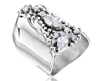 Long Sterling Silver Cubic Zirconia Shield Ring