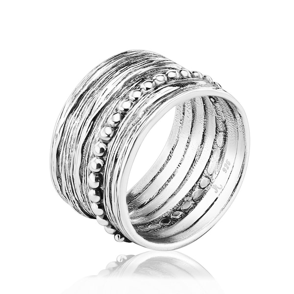 Wide Sterling Silver Ring, Chunky Ring, Statement Ring, Silver Bead Ring, Unique Ring, Artisan Jewelry, Multi Texture Ring, Large Ring
