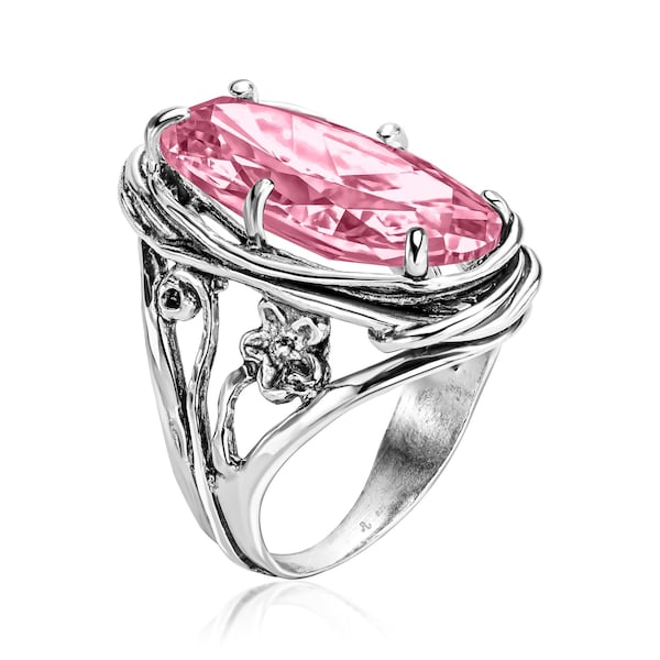 Anillo floral ovalado de plata esterlina con circonita rosa