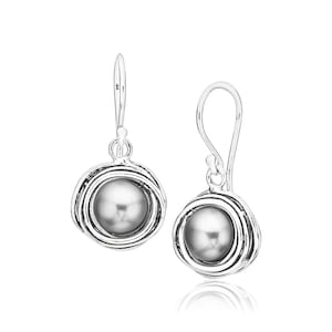 Grey Pearl Earrings, Sterling Silver Earrings, 8mm Pearl Dangle Earrings, Bezel Pearl Earring, Silver Pearl Earrings, Bride to Be Gift