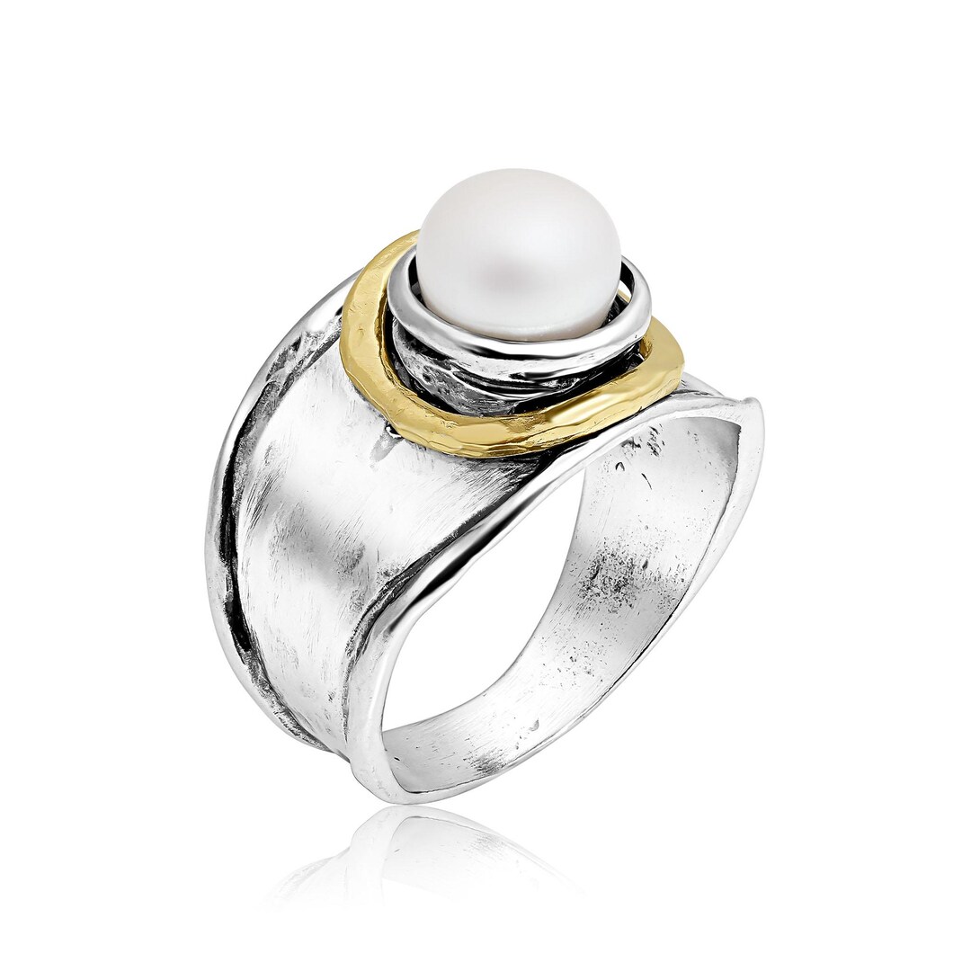 Mixed Metal Pearl Ring, Sterling Silver Ring, Two Tone Ring, Pearl