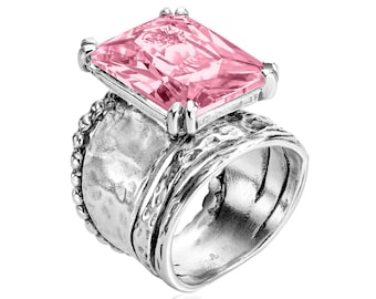 Pink Sterling Silver Ring, Pink CZ Ring, Pink Jewelry, Valentines Day Gift, 925 Silver Ring, Chunky Ring, Gift for Women, Large Silver Ring