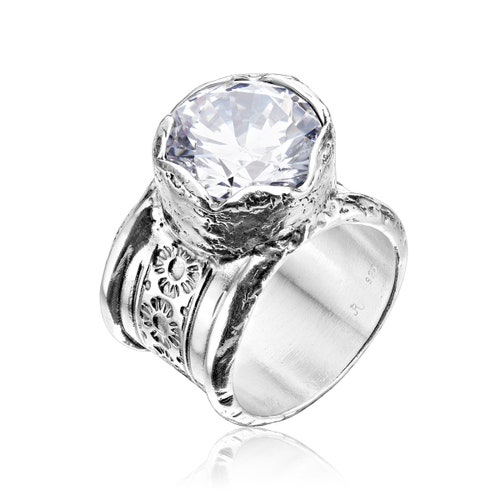 Wide Sterling Silver Cubic Zirconia Floral Ring