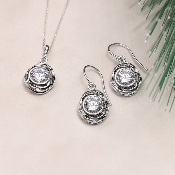 CZ Necklace and Earrings Jewelry Set, Sterling Silver Necklace, Silver Dangle Earrings, Christmas Party Jewelry, Elegant Jewelry