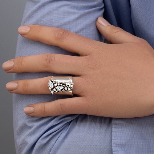 Long Statement Ring, 925 Sterling Silver Ring, Shield Ring, Cubic Zirconia Ring, Multi Cut Ring, Full Finger Ring, Chunky Silver Ring