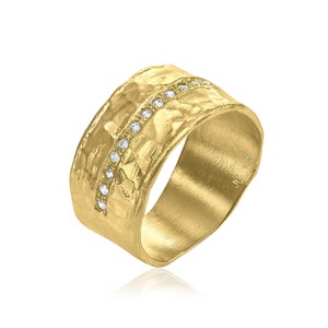 Wide Hammered Cigar Band, Gold Statement Ring, CZ Ring, Wide Band Ring, Mother's Day Gift, Minimalist Ring, Unique Everyday Ring