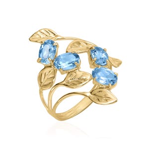 Oval Blue Topaz Leaf Ring, Statement Leaf Ring, 14K Gold Leaf Ring, Nature Inspired Ring, Solid Gold Jewelry, Natural Swiss Blue Topaz