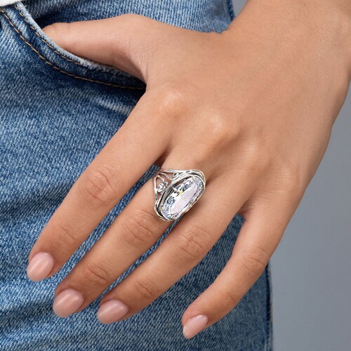 Grande bague en argent, bague ovale CZ, bague florale, bague de cocktail, bague élégante, bague jour et nuit, bague en argent sterling pour femme