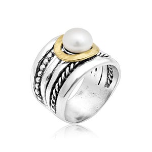 Two Tone Pearl Ring, Unique Sterling Silver Ring, Mixed Metal Ring, Pearl Jewelry, Beaded Rope Ring, Chunky Pearl Ring, Statement Ring