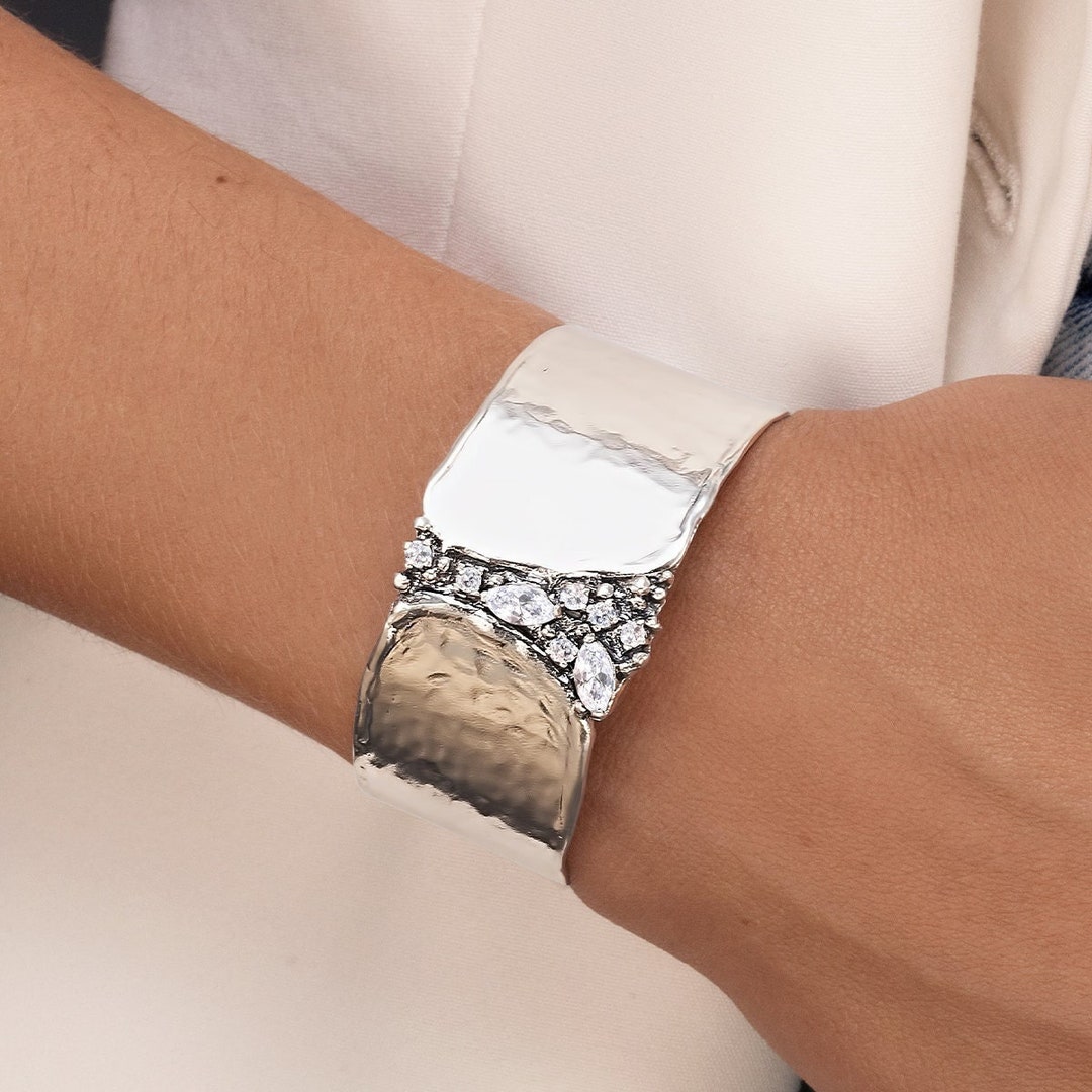 Sterling Silver Bangle Bracelet, CZ Cuff Bracelet, Thick