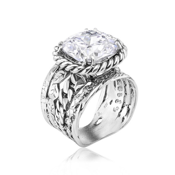 Large Silver Ring, Statement CZ Ring, Braid Ring, Leaf Ring, Multi Strand Ring, Boho, Silver CZ Ring, Wide Sterling Silver Ring, Chunky Ring
