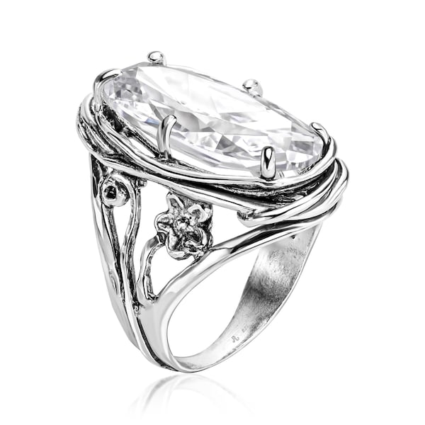 Anillo ovalado llamativo con circonitas cúbicas, anillo floral de plata, anillo de cóctel, anillo ovalado grande con circonitas cúbicas, anillo con circonitas cúbicas engastadas, anillo llamativo de plata de ley, ideas para regalos