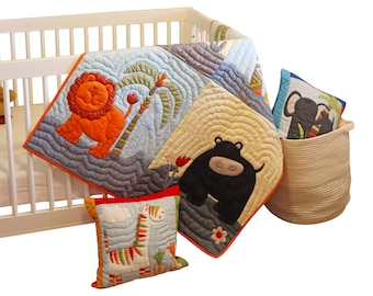 Large Animal Quilt | Baby Activity Mat | Zebra, Lion, Hippo, Tiger | Safari Blanket | Baby Bedding | Crib Blanket | Neutral Bedding