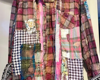 Camicia in flanella di moda lenta patchwork in cotone organico OOAK riciclato/fatto a mano, 'Rhubarb Crumble'