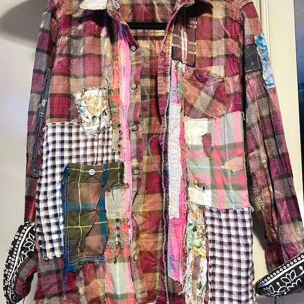 Upcycled/handmade OOAK organic cotton patchwork slow fashion flannel shirt, ‘Rhubarb Crumble’