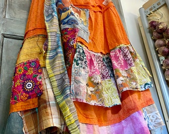 Upcycled Handmade Shabby Chic ‘Patchwork Prairie Skirt’ In Sherbet Brights UKXL