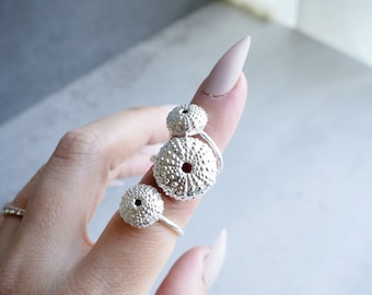 Tiny Sea Urchin Silver Women's Ring, Ocean Inspired Jewelry, Best Friend Birthday Gift for Her, Seashell Tiny Stacker Rings,