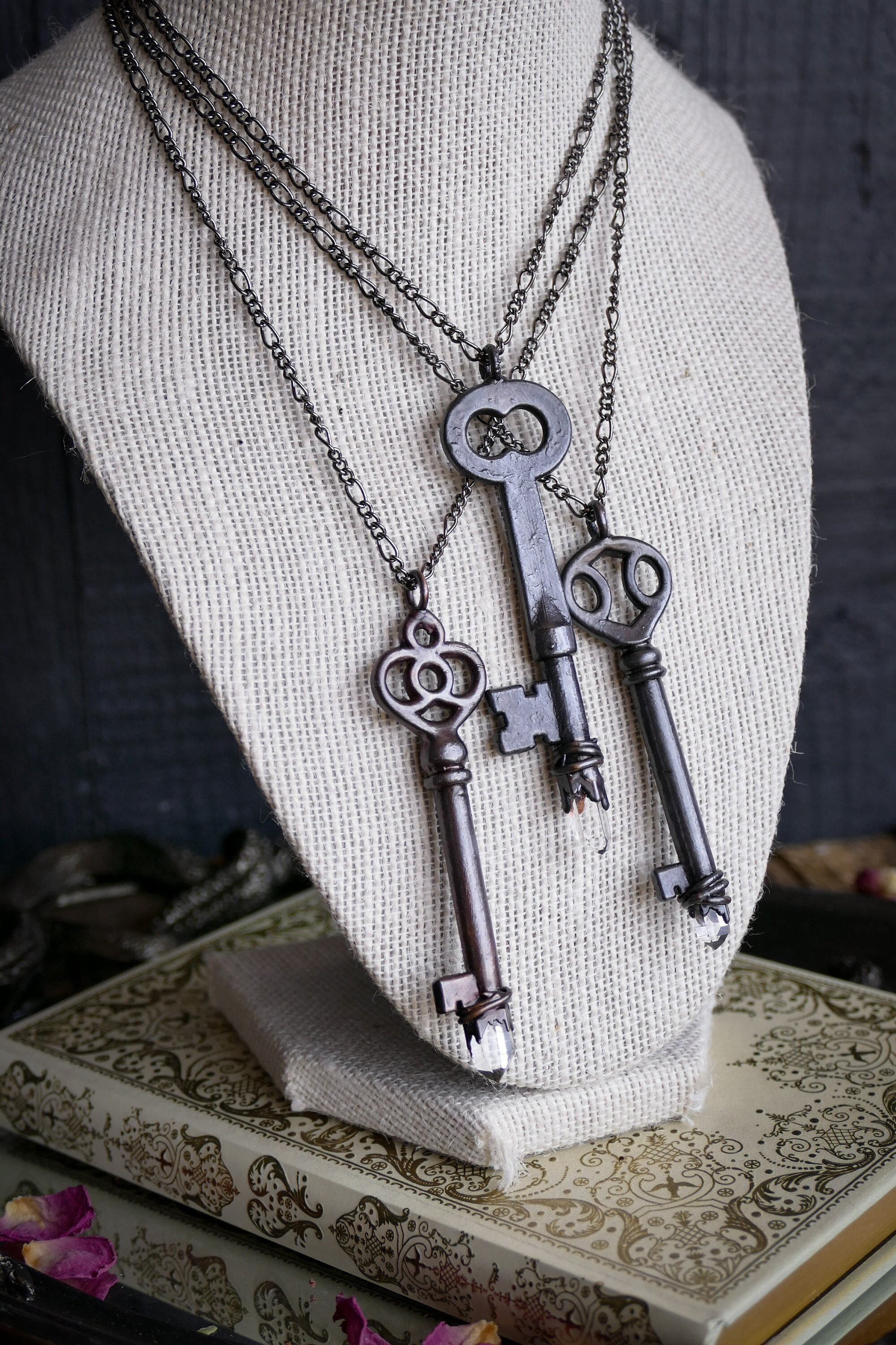 Quartz Crystal Skeleton Key Necklace