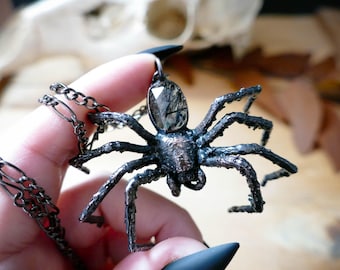 Black Rutile Huntsman Spider Pendant Necklace, Women's Gothic Oddity Crystal Necklace, Real Spider Jewelry