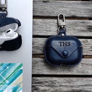 Personalised Blue Apple Airpod Pro Case, Protective Case Cover, Engraved and Handmade PU Leather, Customised AirPod Case