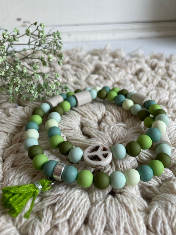 Markenband Wald  EM Zeckenkette Keramik Kette Zeckenhalsband  Hund Hundemarke Hundekette Boho Anhängerkette Ibiza Hippie elastisch