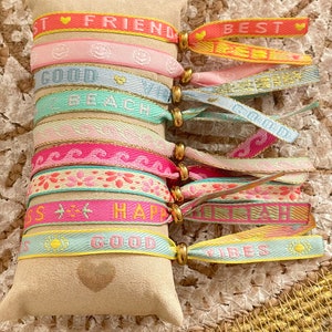 Festival bracelet, fabric bracelet, Ibiza style, statement text, summer, neon, boho, hippie, good vibes, waves, smiley face, gift, friendship bracelet, Mother's Day